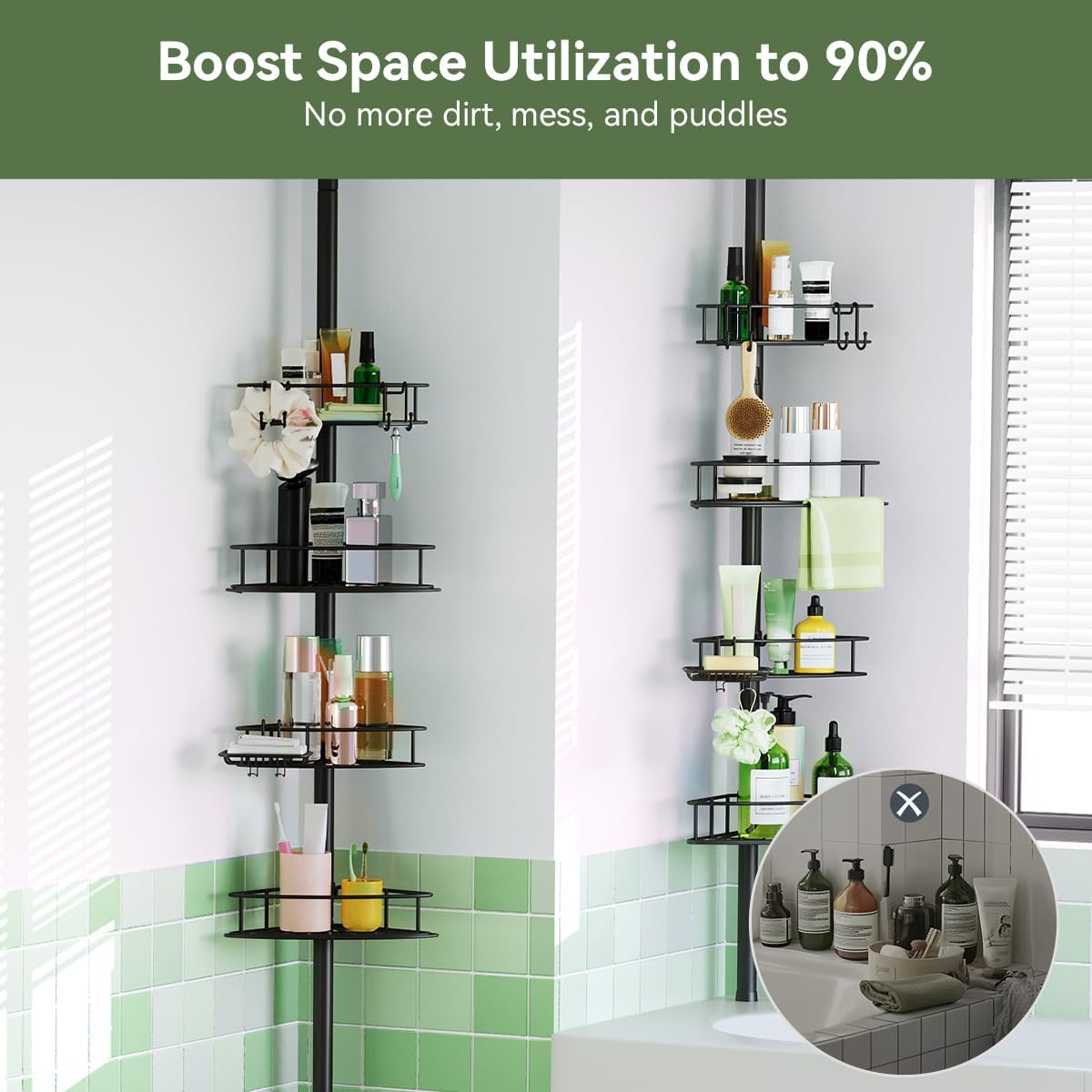 Corner Shower Caddy Tension Pole-4 Tier Adjustable Bathroom Shower Organizer with Soap Holder, Rustproof Shower Shelves Shower Rack for Inside Shower, Bathtub Shampoo Storage 29-118", Black
