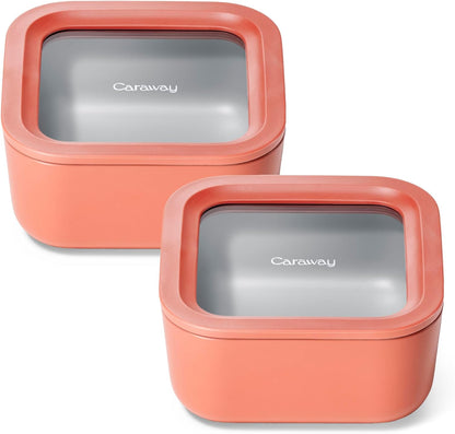 Caraway 2pc Glass Food Storage Set - 4.4 Cup Food Containers (2) - Ceramic Coated - Non Toxic, Non Stick Lunch with Lids - Dishwasher, Oven, & Microwave Safe - Perracotta