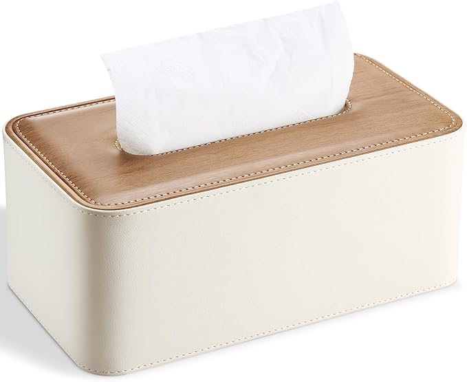 KINGFOM Tissue Box Cover, PU Leather Tissue Box Holder Rectangular, Modern Facial Tissue Paper Napkin Dispenser for Bathroom, Home, Office, Car Automotive Decoration with Magnetic Lid Light Beige