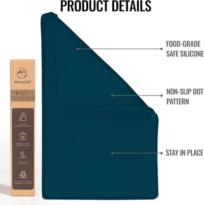 MateeyLife Dog & Cat Food Mat, Waterproof & Nonslip Silicone Feeding Mats for Dogs and Cats, Raised Edge Tray for Messy Drinkers, 24"x16", Navy