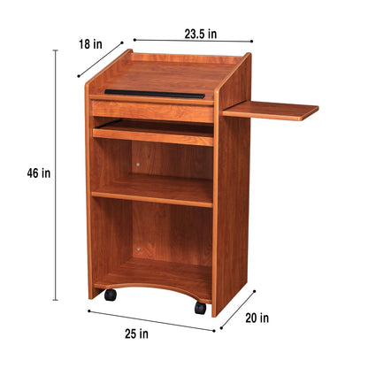 OEF Furnishings Mobile Floor Lectern with Side Shelf And Keyboard Tray, Cherry