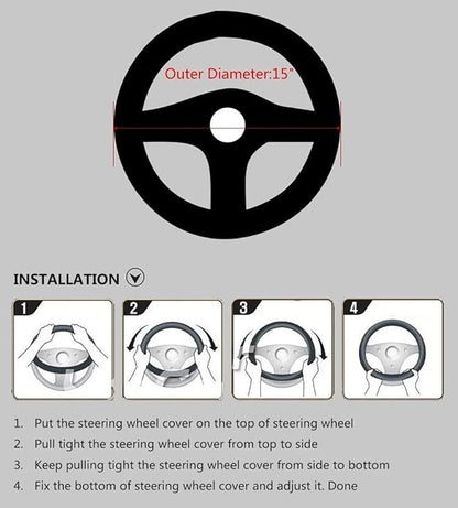 Valleycomfy Steering Wheel Covers Universal 15 inch - Genuine Leather, Breathable, Anti Slip & Odor Free (White Line, M(14" 1/2-15" 1/4))