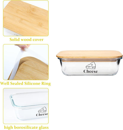 Cheese Container for Refrigerator,Glass cheese slice holder with Wooden Lid&Cheeses Cutter,Lunch Deli Meat Containers for Fridge,BPA-Free Shredded Cream Block Cheeses Storage Box keeper