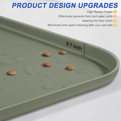 SMILOOL Silicone Pet Feeding Mat with Raised Edge for Food and Water, Dog Bowl Mats, Cat Bowls Placemat with High Lip for Floor Waterproof, Rubber Tray for Cats and Dogs 19 x 12 x0.7 Light Olive Green