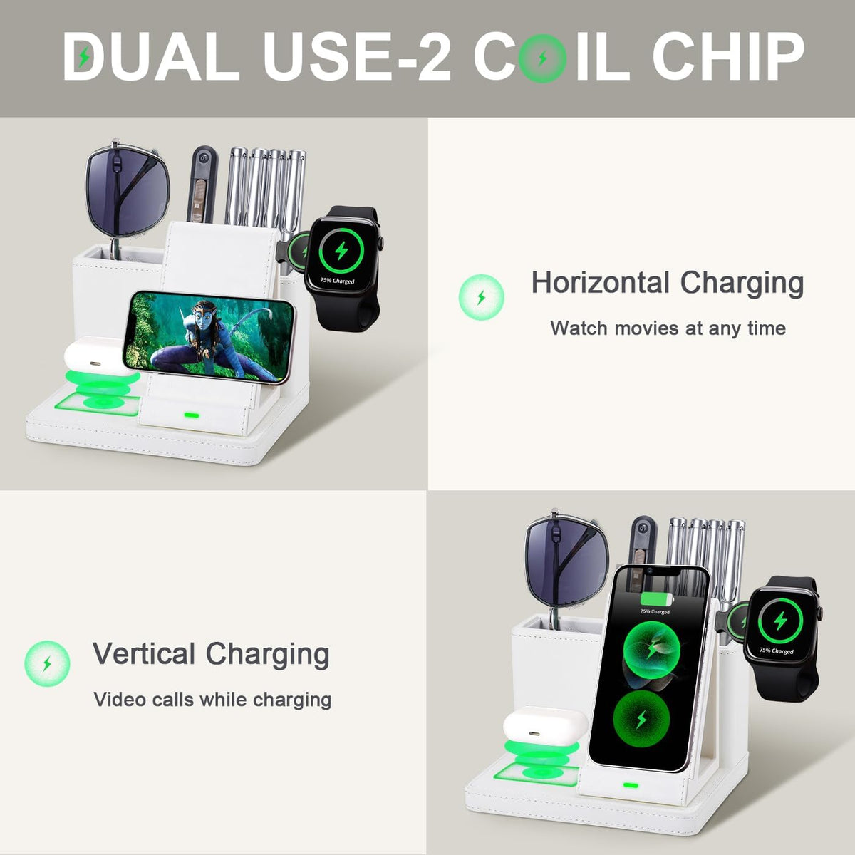 Leather Desk accessories Pen Holder with 3-in-1 Wireless Charger for Phone, Earbuds, Watch Multifunctional Desktop Phone Stand for Office and Home,birthday gifts,gifts for him (white)
