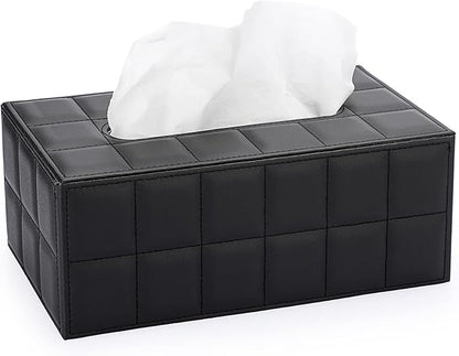 Sumnacon Rectangular Leather Tissue Box Cover - Stylish Tissue Box Holder with Magnetic Bottom, Decorative PU Tissue Box for Vanity Dresser Night Stand Table Countertop Home Office Car,Grid Black