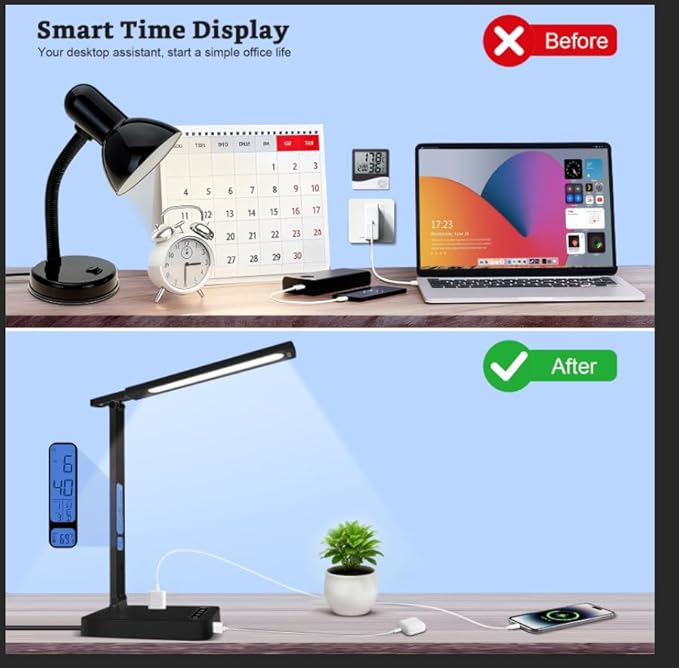 snsok Smart Desk Lamp with Dual USB Charging & 2 AC Outlets, Digital Clock