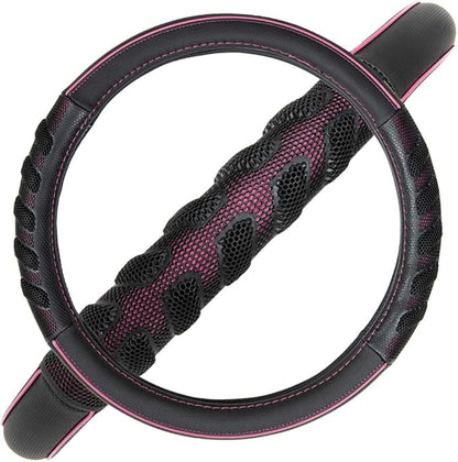 Flying Banner car Steering Wheel Cover Faux Leather Massage Universal fit 3D Honeycomb Hole Anti-Slip Sporty 15 Inches (Pink Black)