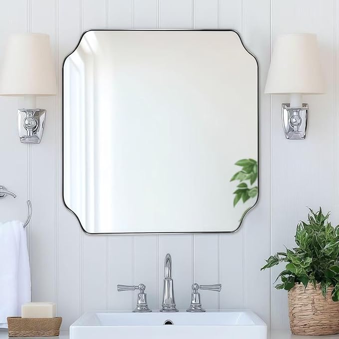 ANDY STAR 24"x24" Brushed Nickel Square Mirror, Modern Scalloped Mirror in