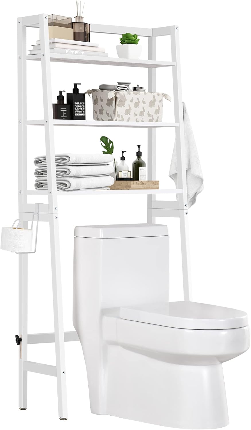 MallKing Over The Toilet Storage, Wooden 3-Tier Over-The-Toilet Rack Bathroom Space Saver Organizer, Freestanding Above Toilet with Toilet Paper Holder and Hooks (White)