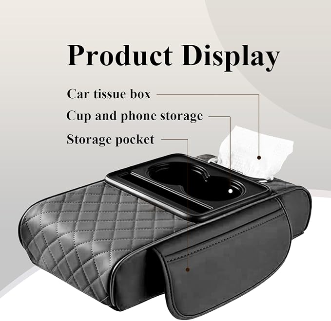 Car arm Rest Cover Pad, 5-in-1 Center Console Cover with Cup Holder, Tissue Box Slot, Mobile Phone Storage Slot, Suitable for Most Car Console Organizer, 13.8''x7.1''x3.0'', (Black)