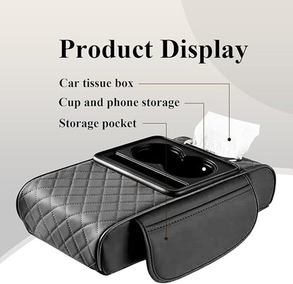 Car arm Rest Cover Pad, 5-in-1 Center Console Cover with Cup Holder, Tissue Box Slot, Mobile Phone Storage Slot, Suitable for Most Car Console Organizer, 13.8''x7.1''x3.0'', (Black)