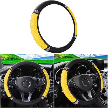 Bling Soft Leather Steering Wheel Cover, 15 Inch Colorful Rhinestones Auto Elastic Steering Wheel Protector, Sparkly Crystal Diamond for Women Girls, Car Accessories for Most Cars (Yellow)