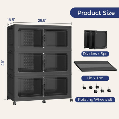 120Gal Stackable Storage Bins with Lid, 480Qt Extra Large Collapsible Storage Box with Wheels, Dividers, Folding Plastic Cabinet Closet Organizers for Home Kitchen Office Dorm, 3Pack Black