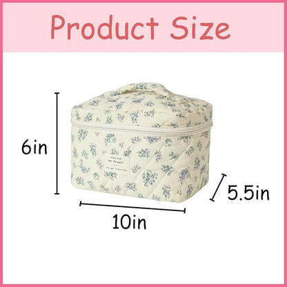 uekeboag Large Travel Quilted Makeup Bag for Women, Floral Cotton Cosmetic Bag, Coquette Aesthetic Floral Toiletry Organizer Bag