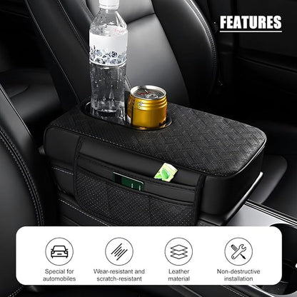 BESULEN Car Center Console Cover, Leather Thick Vehicle Armrest Protector Cushion with Cup Holder & 2 Storage Bags, Automotive Interior Arm Rest Seat Box Pad Accessories, Universal Fit (Black)
