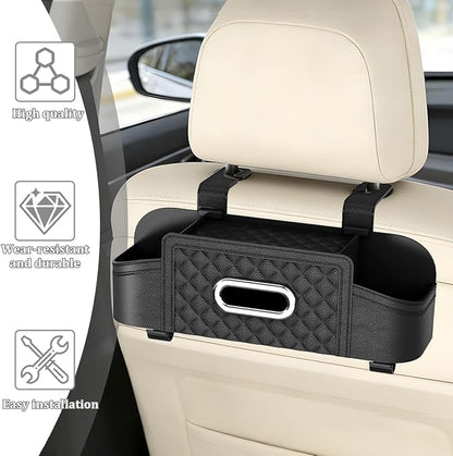Car Backseat Organizer, 4-in-1 Multifunctional Vehicle Seat Back Tissue Box with Cup Holder & Hook, Automotive Backseat Hanging Storage Box for Bag Phone Drink, Universal for Vehicles (Black)
