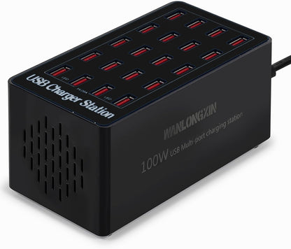 100W 20Port USB Charging Station, Multi USB Charger for Multiple Devices, Black