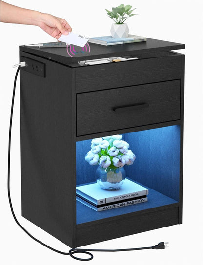Auromie Nightstand with Charging Station and LED Lights, Concealment Furniture with RFID Lock Cabinet and Power Outlets, Bedside Table with Hidden Compartment for Valuables Storage, Black