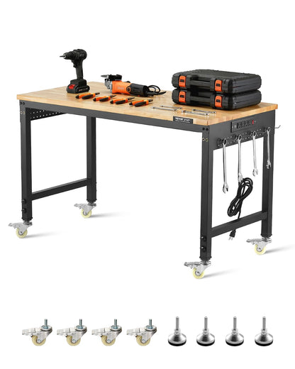 VEVOR Adjustable Workbench, 48-Inch Work Bench with Power Outlet, Wheels, and Pegboard, 2000 lbs Load Heavy Duty Oak Wood Top Work Table for Garage, Workshop, Office, and Home