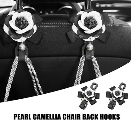 Car Seat Headrest Hook, 2PCS Cute Flower Vehicle Backseat Organizer Hanger for Purse Grocery Bag Coat, Auto Interior Hanging Decor Accessories, Universal for SUV Sedan Truck (Black/White)