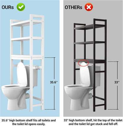 Homykic Over The Toilet Storage, Bamboo Over Toilet Bathroom Organizer Rack, Freestanding Bathroom Shelves Above Toilet Storage with 3 Hooks, Bathroom Space Saver, No Rust, Easy to Assemble, White