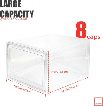 6 Pack Hat Organizer Box, Stackable Clear Baseball Caps Holder Box Containers with Magnetic Door for Hats Snapback Cap Storag, Hat Rack Display Case, Holds 8 Hats Each (Clear)