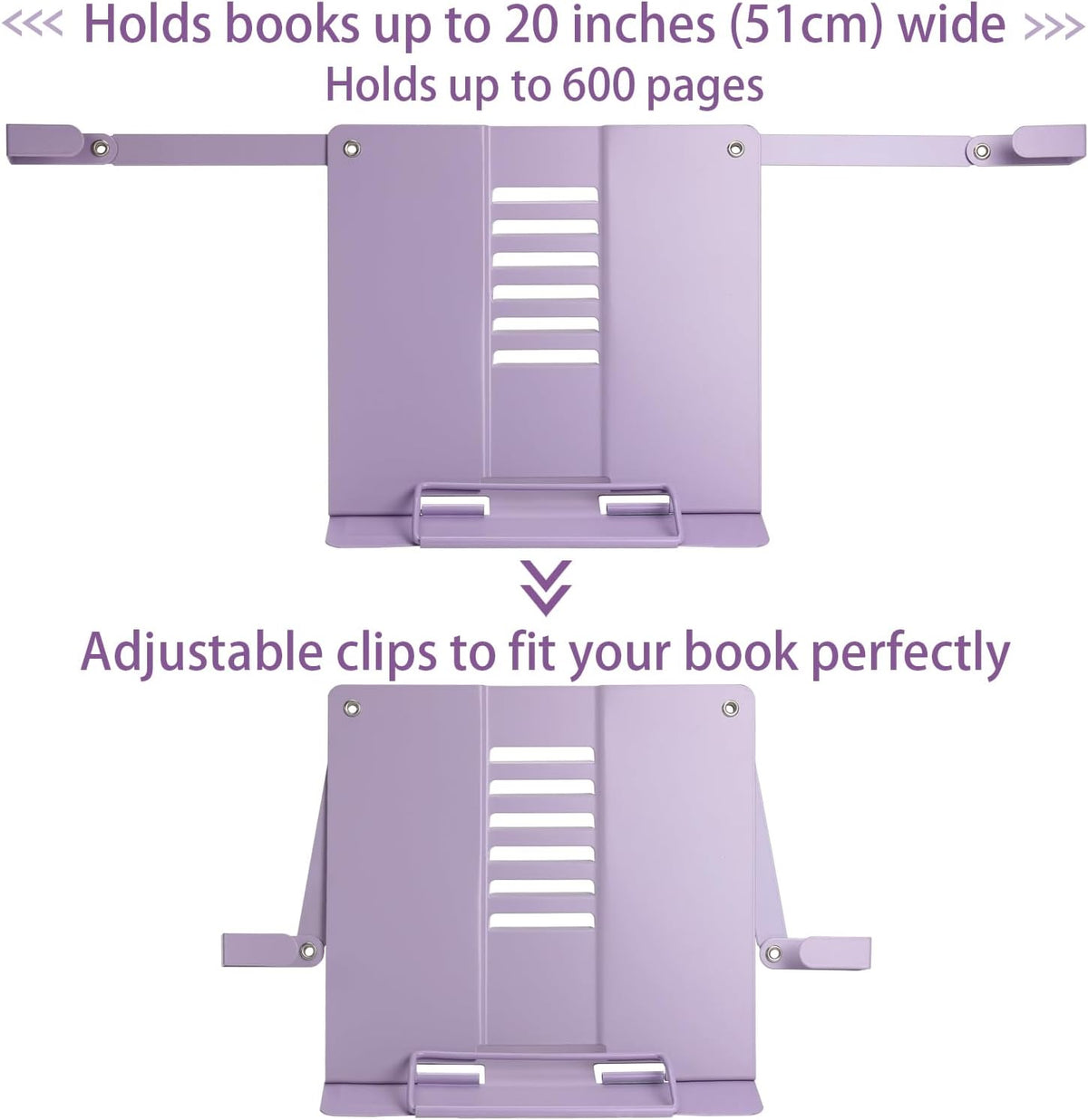 Metal Desk Book Stand for Reading with Adjustable Clips, Hands-Free Foldable Book Holder for Kids, Portable Document Stand for Desk, Display Stand for Recipes, Cookbooks, Tablets - Purple