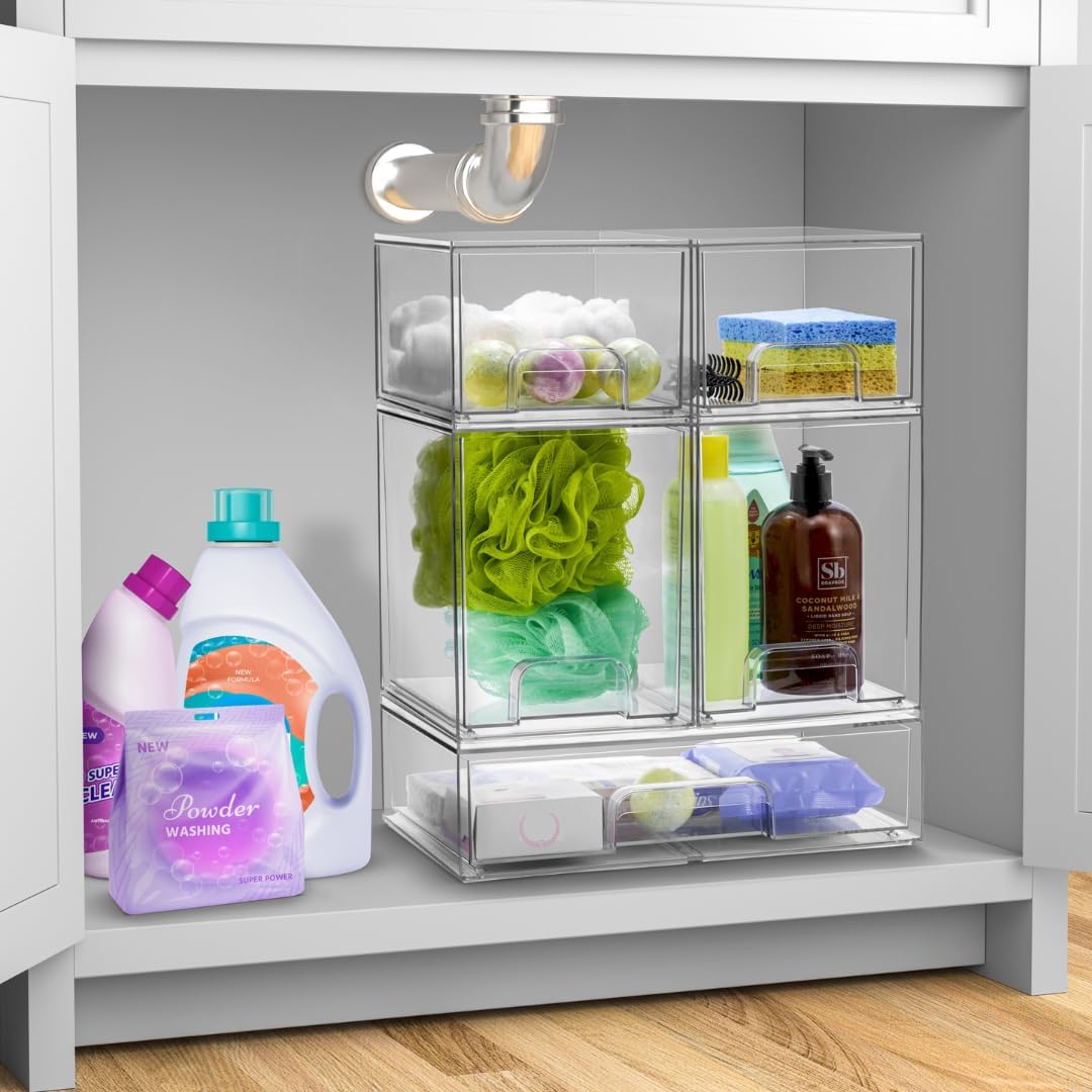 Sorbus Acrylic Storage Containers - 2 Pack, Stackable Storage Bins Set for Bathroom Organization - Clear Acrylic Drawer Organizers - Makeup Case Pull-Out Drawers (7.6’’ Tall)