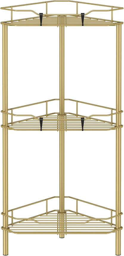 3 Tier Floor Standing Corner Shower Caddy Organizer Shelf with Hooks, Bathroom Shelves Stand Rack, Gold