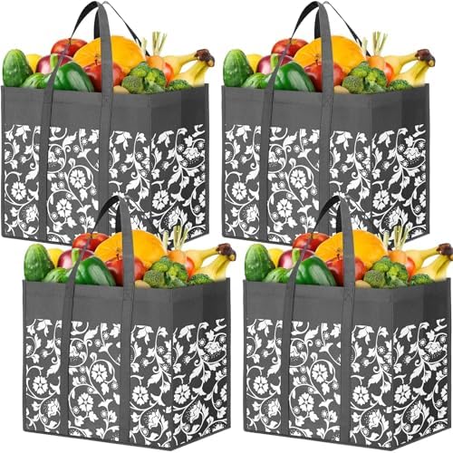 Reusable Grocery Bags Foldable Tote Bags Bulk Shopping Bags 4-Pack, Grey