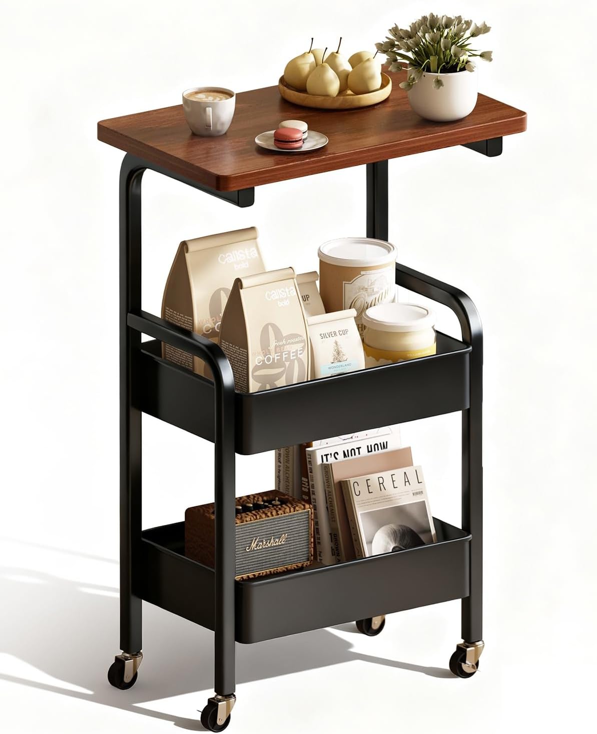 3 Tier Metal Rolling Utility Cart Organizer with Walnut Table Top, Stable and Sturdy Rolling Storage Carts with 2 Lockable Wheels for Kitchen，Bathroom，Snacks，Coffee，Craft，Makeup，Baby Essentials