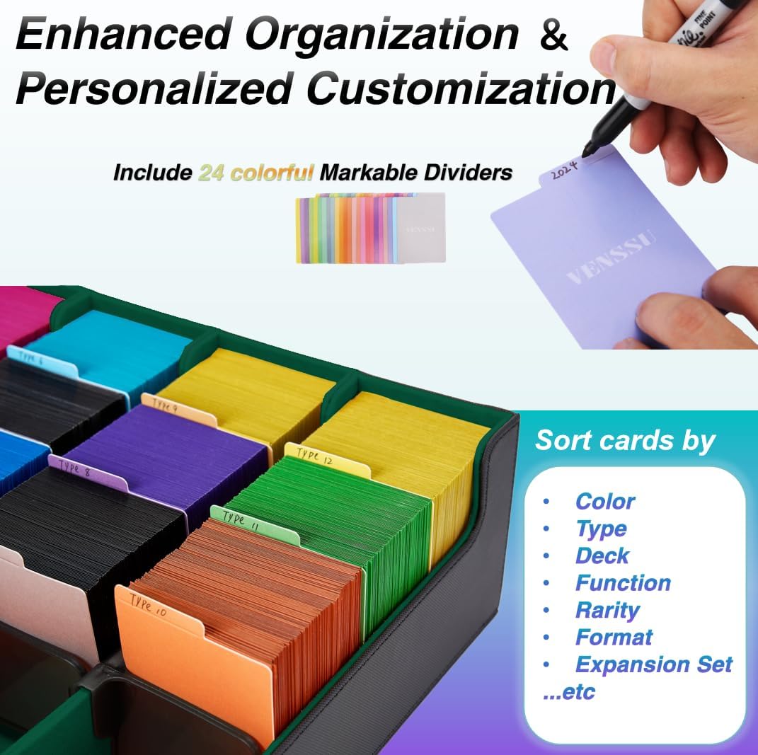 Venssu Card Storage Box For Trading Cards With Dedicated Card Supporters,3000+ Mtg Deck Box With 24 Colorful Divider Tabs,Trading Card Storage Fits For Magic Game Cards (Black and Green)