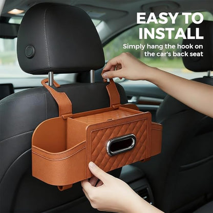 3-in-1 Car Backseat Organizer with Cup Holder Tissue Box and Hooks, Multifunctional Car Seat Back Storage Box, Car Headrest Backseat Organizer for Travel SUV Sedan Truck Car Accessories (Brown)