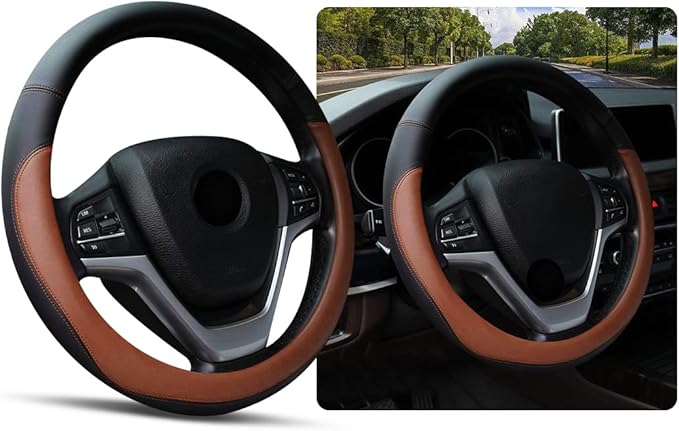 Ziciner Steering Wheel Cover, Soft Leather Premium Durable Elastic Auto Wheel Cover Protector, Stretch Breathable Anti-Slip Lining, Universal 14.5-15 inch Car Interior Accessories (Coffee)