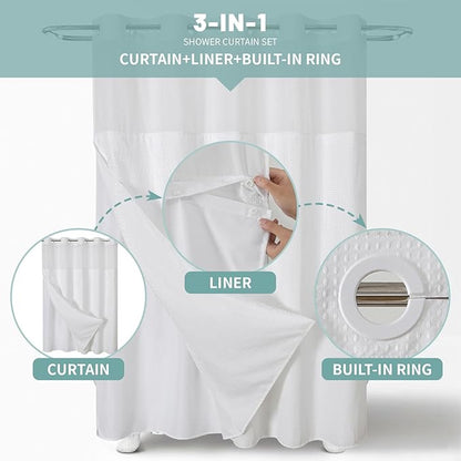 eachope White No Hook Waffle Weave Shower Curtain with snap-in Liner Replacement, 230GSM Waterproof Fabric Hotel Shower Curtain Set for Bathroom, Through Mesh Top Window,71Wx92H