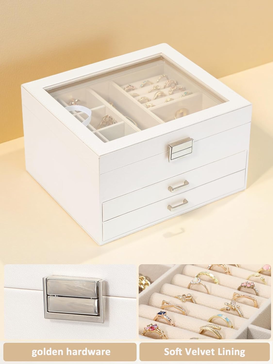 Clear Lid Jewelry Box,3 Layers Jewelry Organizer Large Multi-Functional Jewelry Storage Box with 2 Drawers,Jewelry Display Case of Rings Earrings Necklace Bracelets for Women Girls (Light gold)