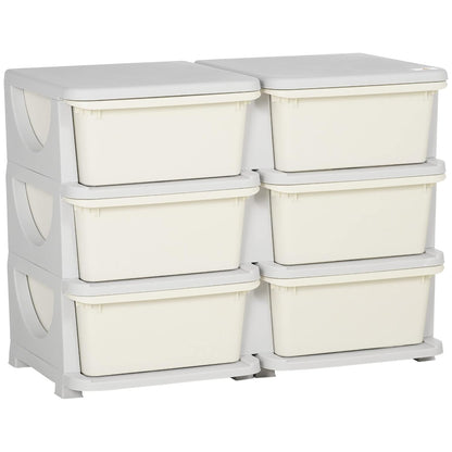 Qaba 3 Tier Kids Storage Unit, 6 Drawer Chest Toy Organizer Plastic Bins for Kids Bedroom Nursery Kindergarten Living Room for Boys Girls Toddlers, Cream White
