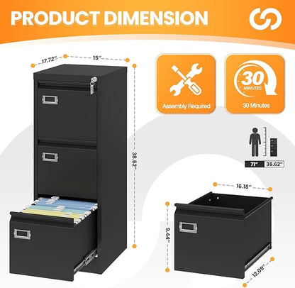 3 Drawer File Cabinet with Lock, Metal Filing Cabinets