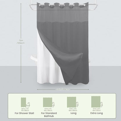 Inhousolu No Hook Shower Curtain with Snap in Fabric Liner Set Waffle Weave 230GSM Weighted Hem, Waterproof & Washable Bathroom Curtain Spa Luxury with Mesh Top Window 72" W x 72" L Grey