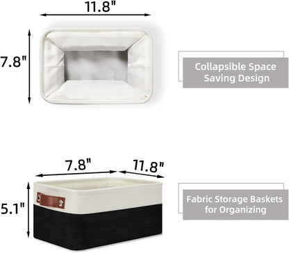 HNZIGE Small Storage Baskets (6 Pack) - Fabric Bins with Leather Handles, Foldable for Organizing (Black&White, 11.8" x 7.8" x 5.1")