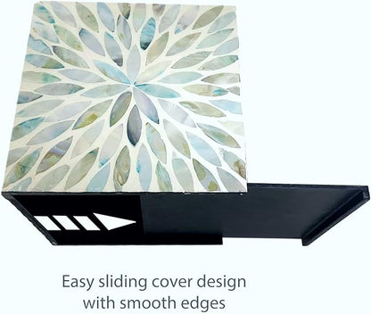 i-lan Mother of Pearl Cube Tissue Cover Box,Sea Pearl Shell Blue Flower Decorative Square Tissue Holder,5.9” Capiz Mop Napkin Box with Bottom Slider