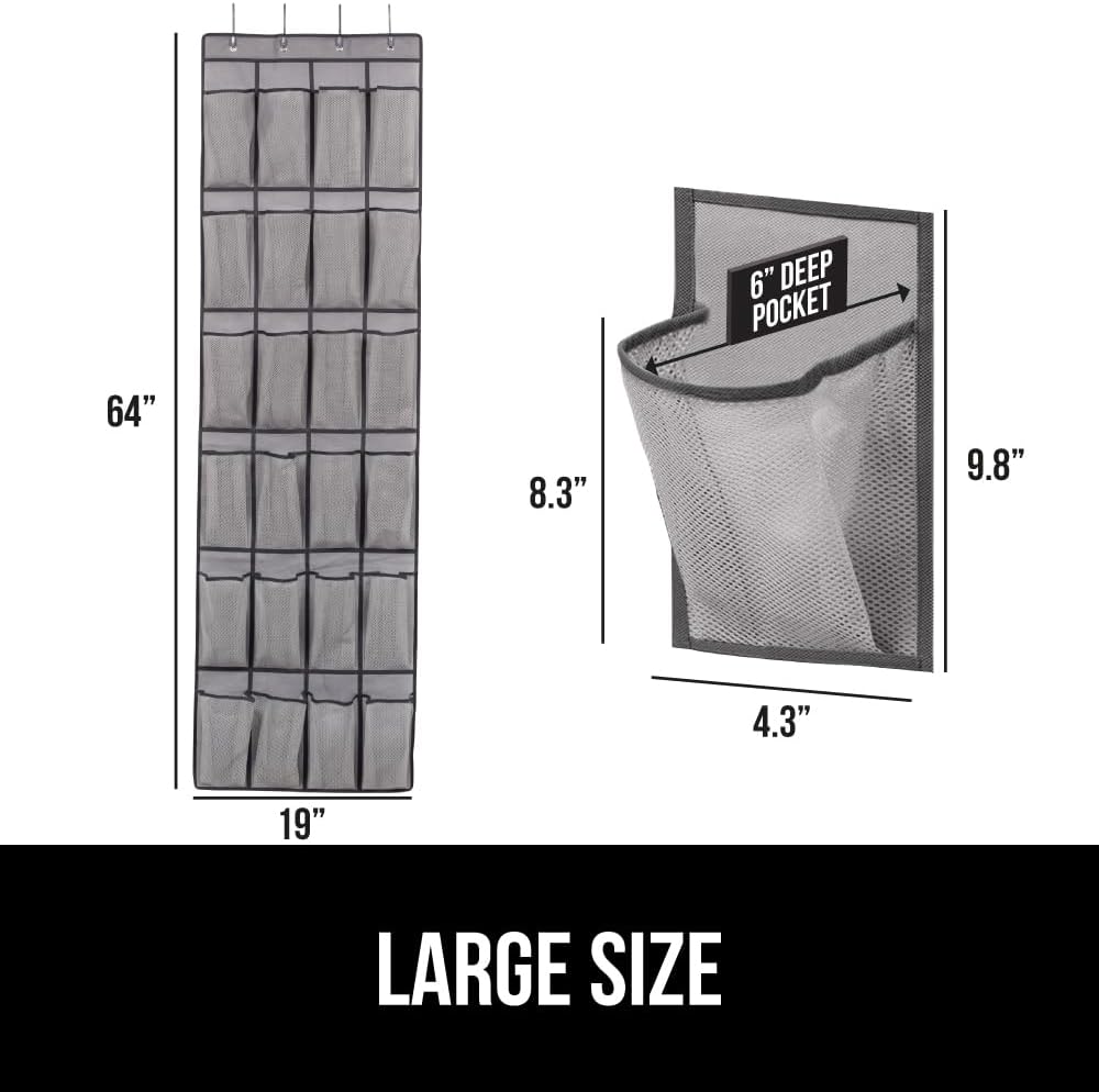 GORILLA GRIP Over the Door Shoe Organizer, 24 Extra Large Breathable Mesh Pockets, Space Saving Hanging Storage Holder, 4 Hook Closet Rack Hanger, Hangs on Closets for Shoes and Accessories, Gray