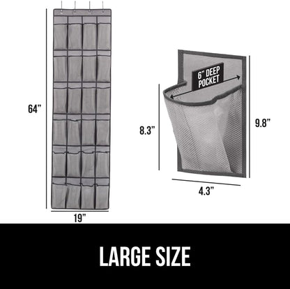 GORILLA GRIP Over the Door Shoe Organizer, 24 Extra Large Breathable Mesh Pockets, Space Saving Hanging Storage Holder, 4 Hook Closet Rack Hanger, Hangs on Closets for Shoes and Accessories, Gray
