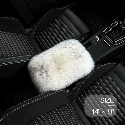LLB Auto Center Console Cover Pad Universal Fit for SUV/Truck/Car, Genuine Sheepskin Wool Fur Car Armrest Seat Box Cover, Furry Fluffy Auto Armrest Cover Protector (White Gray)