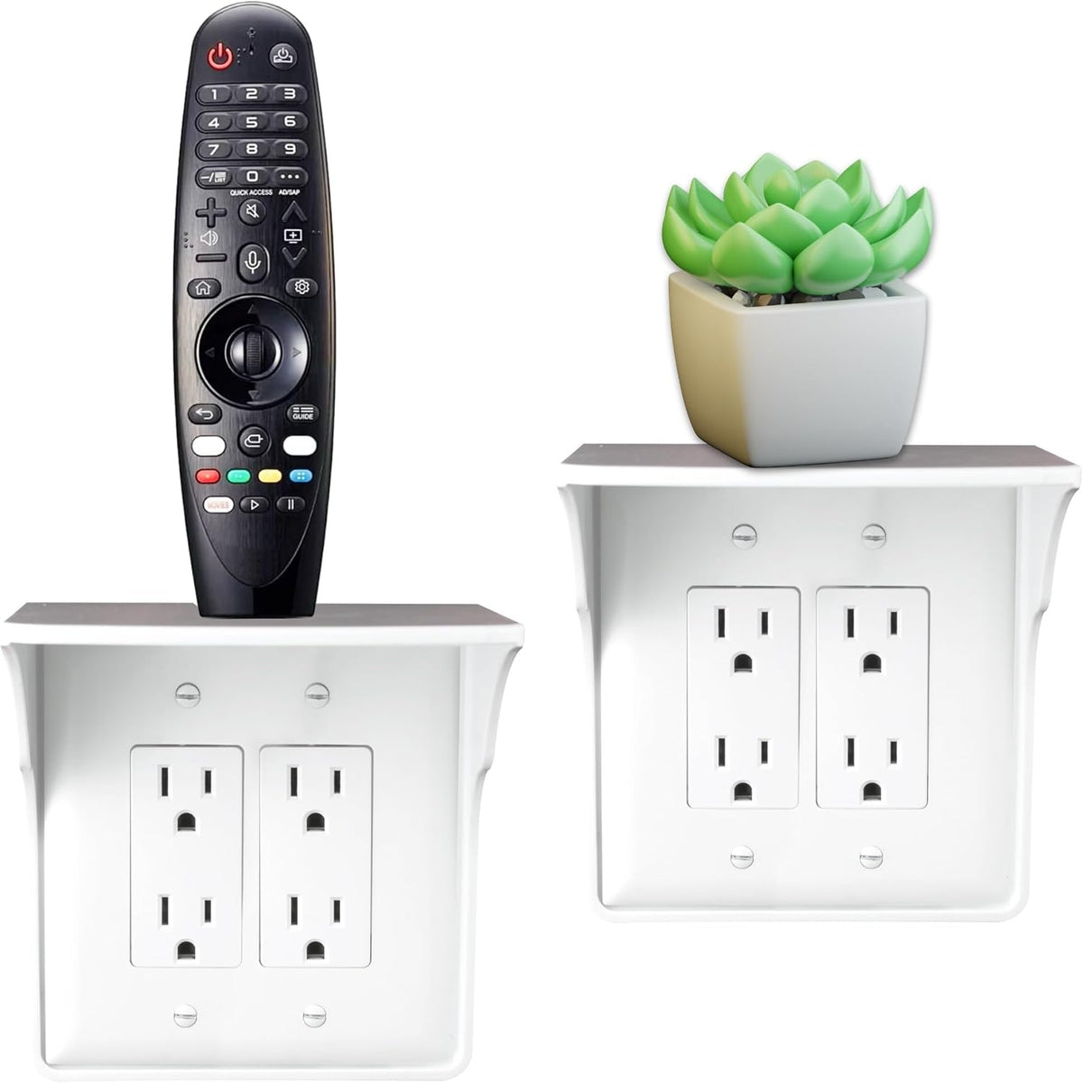 Power Perch Double Wall Outlet Shelf with Cord Storage Strap - Declutter & Reclaim Bathroom Counter Space - Alexa Stand, Apple Homepod Shelf, Toothbrush Holders Wall Mounted - White, 2-Pack