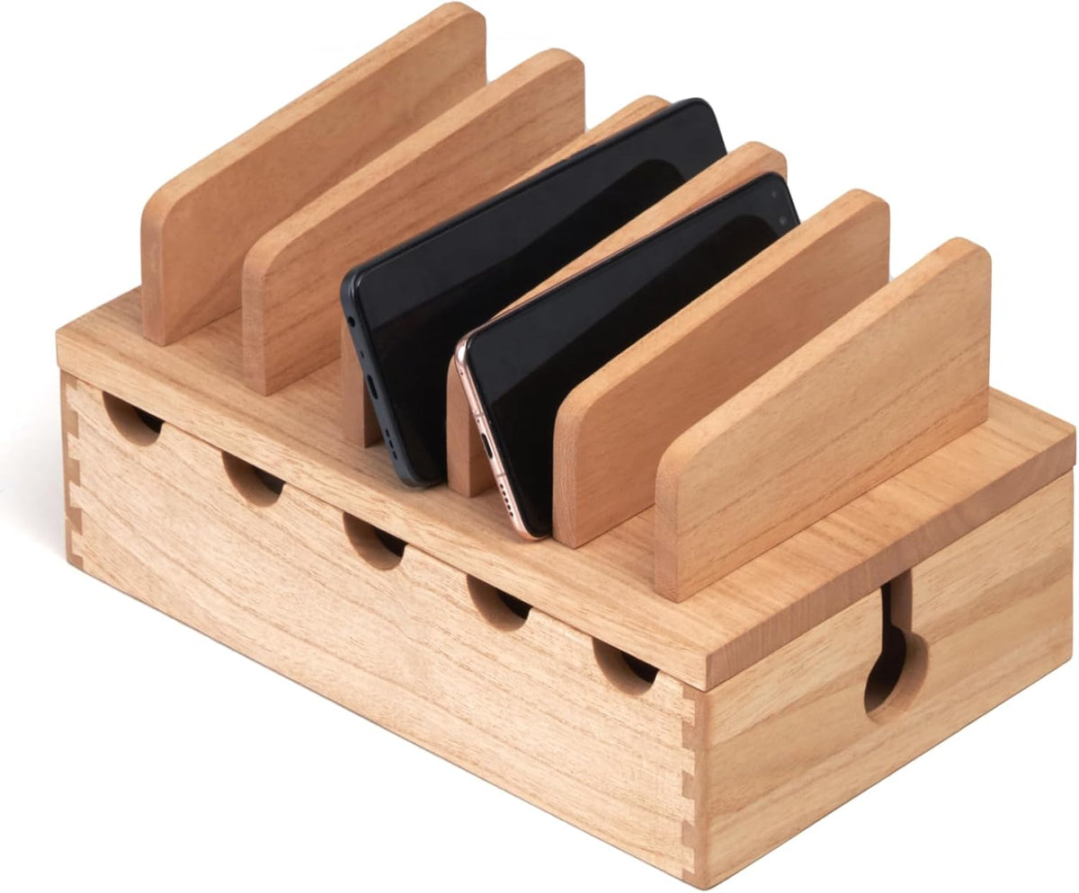 KIRIGEN Wood Charging Station Rack Organizer for Multiple Devices Desktop Organizer with 5 Ports for Cell Phones, Tablets, Earphones Wooden Cable Management DDXH-NA
