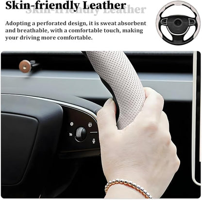 3PCS Car Steering Wheel Cover, Nappa Leather Breathable Non-Slip Segmented Steering Wheel Protector, Snap-on Auto Interior Decoration Accessories, Universal Fit (White)