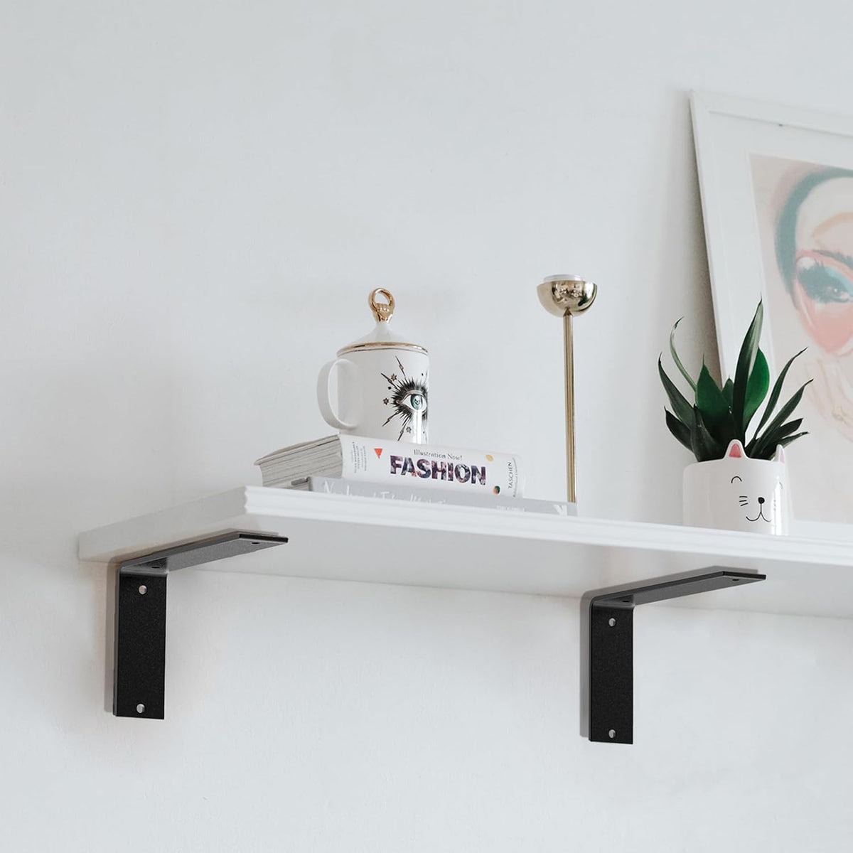 Black Heavy Duty Shelf Brackets 6 Inch, Rustic Gold Iron L Shelf Bracket, Industrial Modern Metal Floating Shelf with Hardware for DIY Open Shelving, 4 Pack