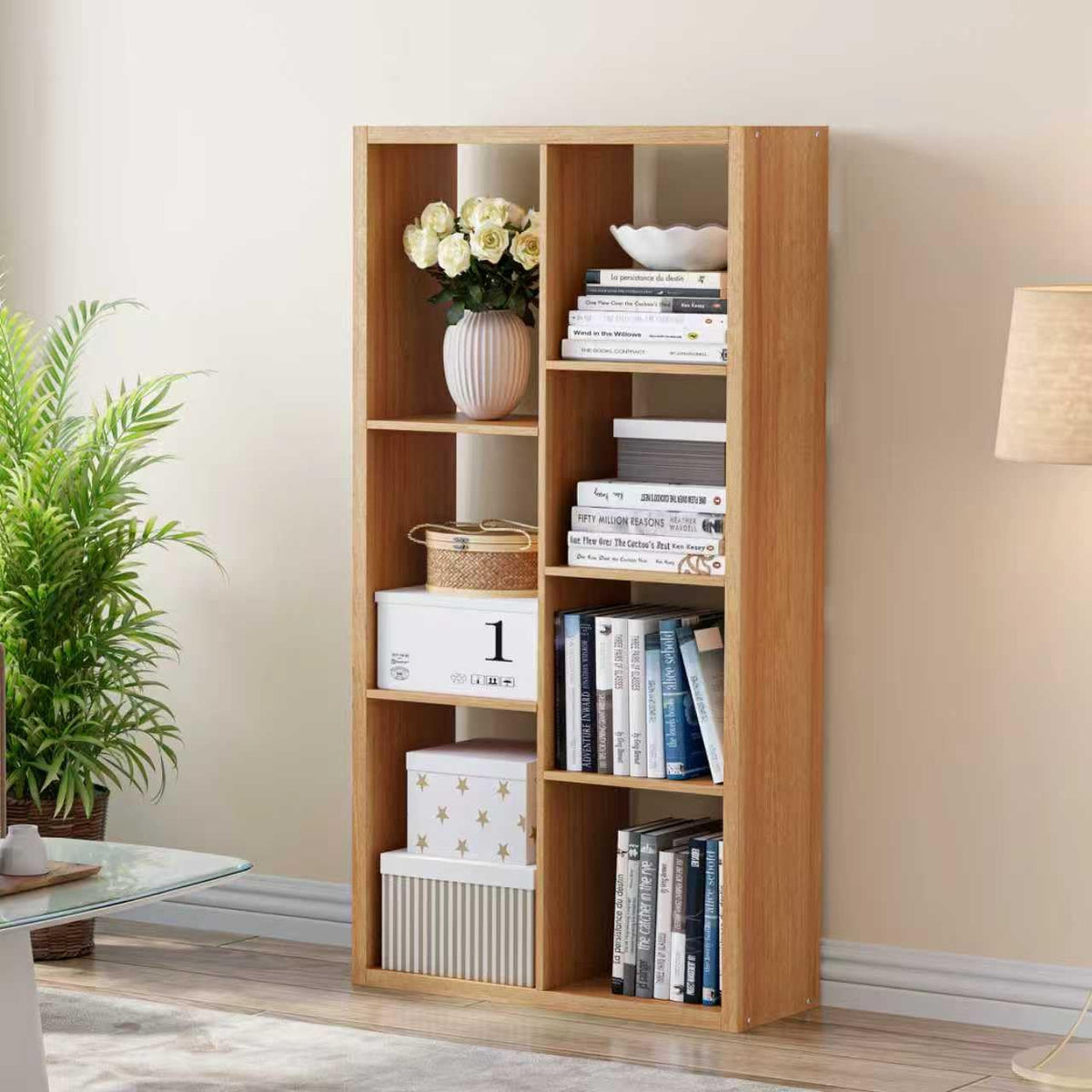 Cube Storage Organizer Bookcase, Decorative 11 inch Open Back Cubical Shelf with Thickened Border, Display Bookshelf for Living Room, Home Office, Sturdy Room (Natural Oak, 7 Cube)